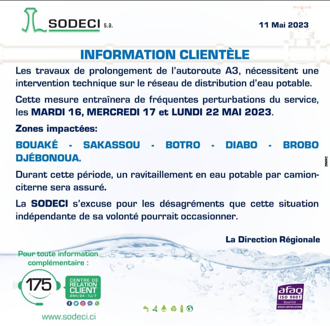 Côte d'Ivoire : Gbêkê, perturbation sur le réseau, communiqué de la SODECI