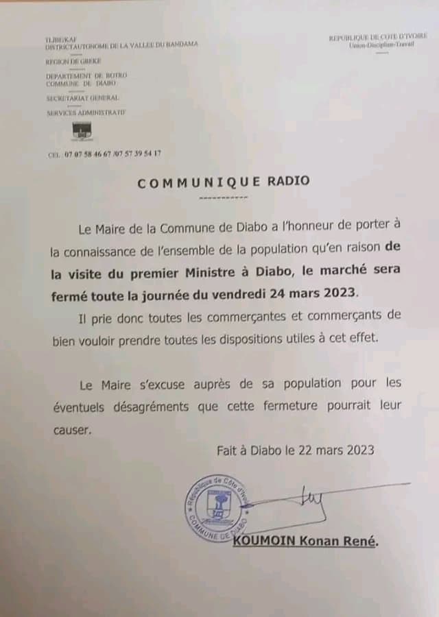 Côte d'Ivoire : Visite du PM Achi à Botro, le maire de Diabo ferme le marché hebdomadaire de sa localité (Communiqué)
