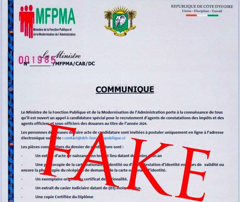 Côte d'Ivoire : Recrutement spécial d'agents, énième Fake News selon le Ministère de la Fonction Publique