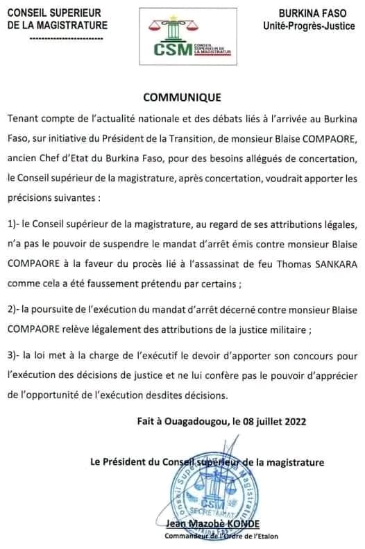 Burkina Faso : Affaire Blaise Compaoré, le communiqué du conseil supérieur de la Magistrature
